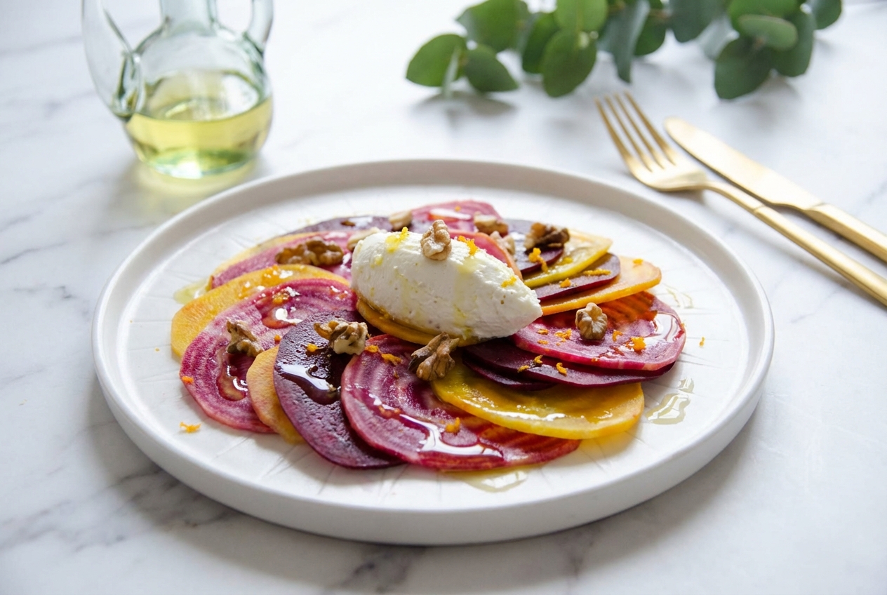 Recette carpaccio de betterave Chioggia en fines lamelles sur marbre blanc, avec infusion d'huile de noisette fumée et zestes d'orange.