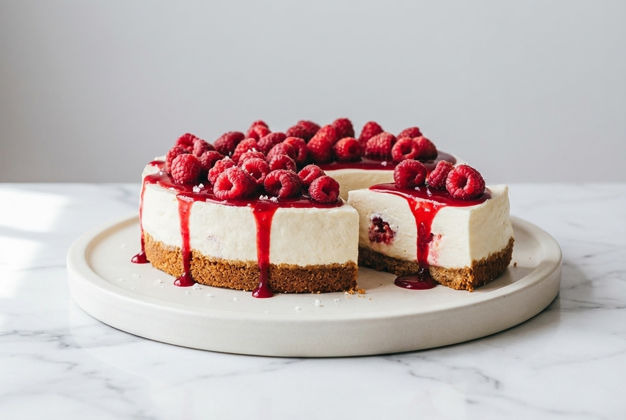 Recette cheesecake framboise sur marbre blanc, base dorée au beurre noisette et fleur de sel sous lumière naturelle.