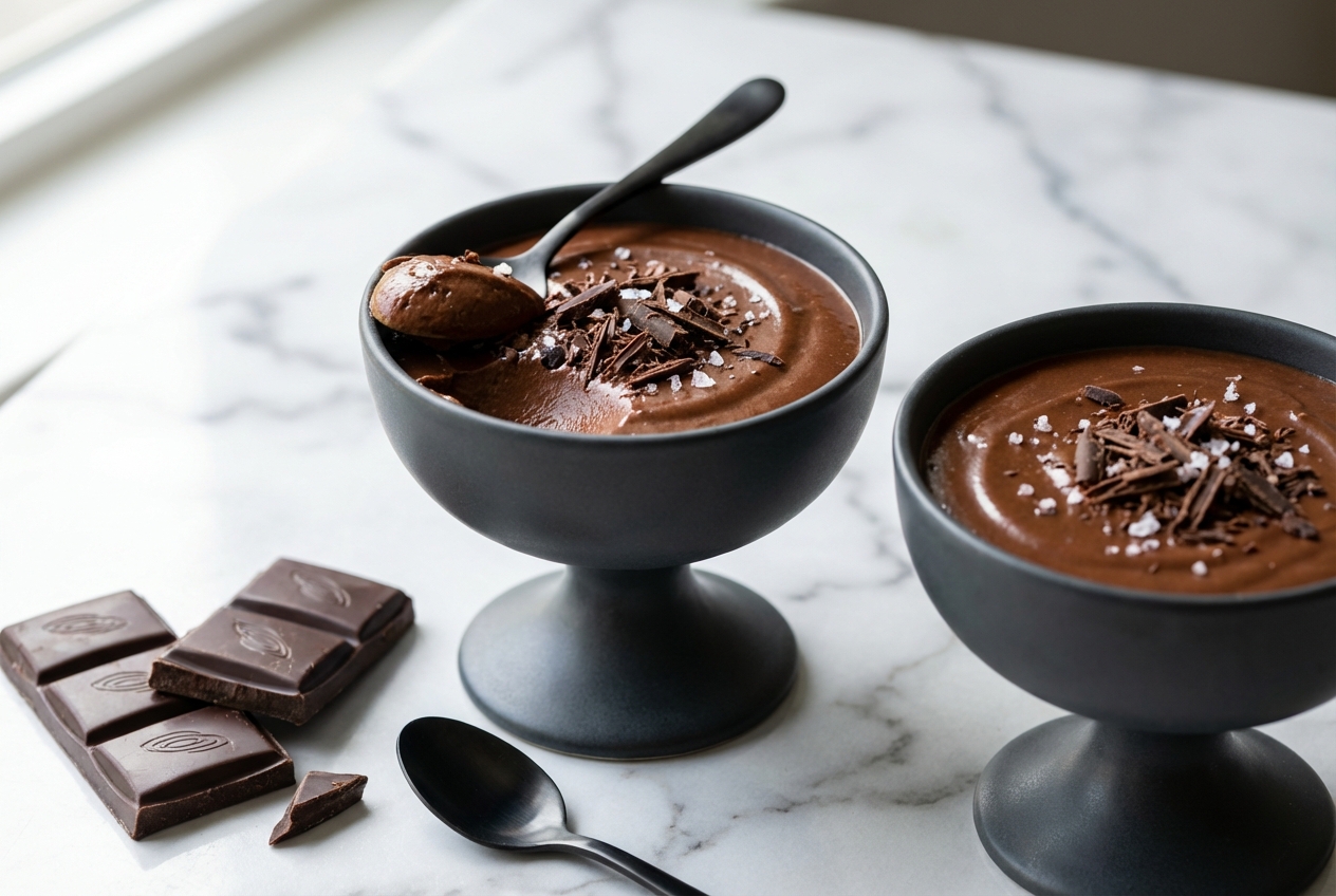 Recette Crème au chocolat onctueuse infusée au café-tonka et sel de mer, servie dans un ramequin minimaliste sur marbre blanc.