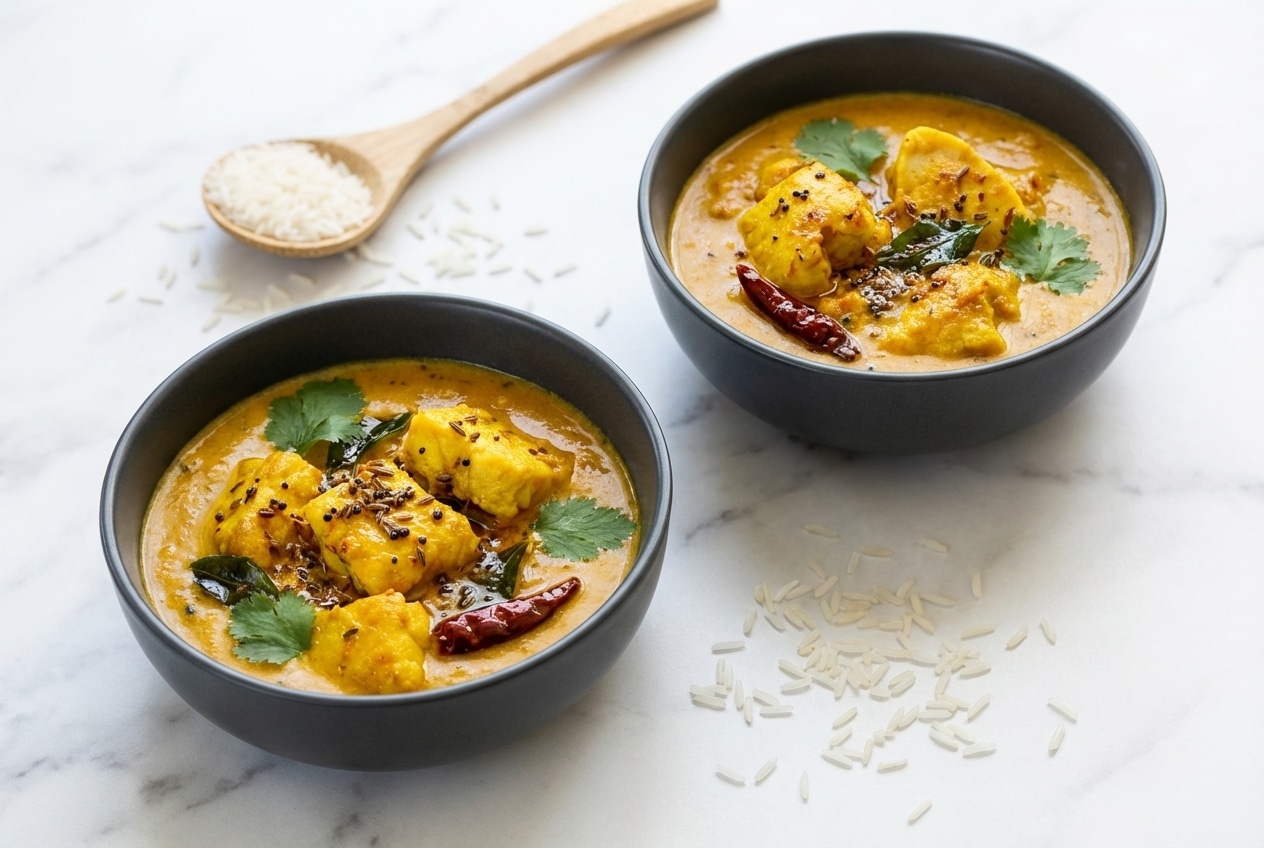 Recette curry de poisson au cabillaud et tarka d'épices sur marbre blanc, vue de dessus en lumière naturelle.