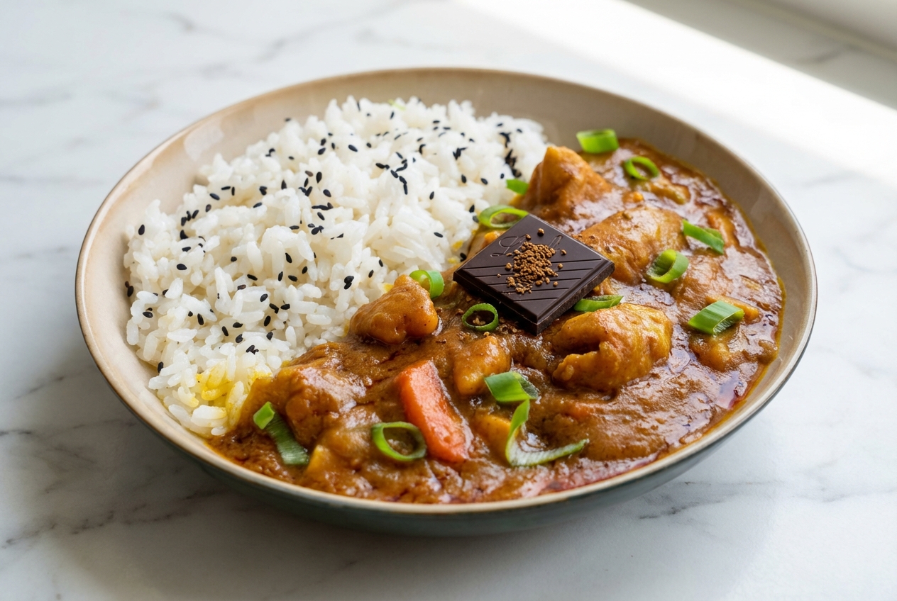 Recette curry japonais onctueux servi dans un bol en céramique minimaliste sur marbre blanc, fini au chocolat noir et café.