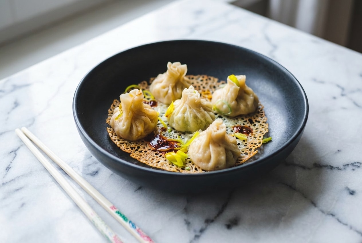 Recette dumplings aux legumes avec une jupe croustillante dorée, disposés sur une assiette en céramique minimaliste, surface en marbre blanc.