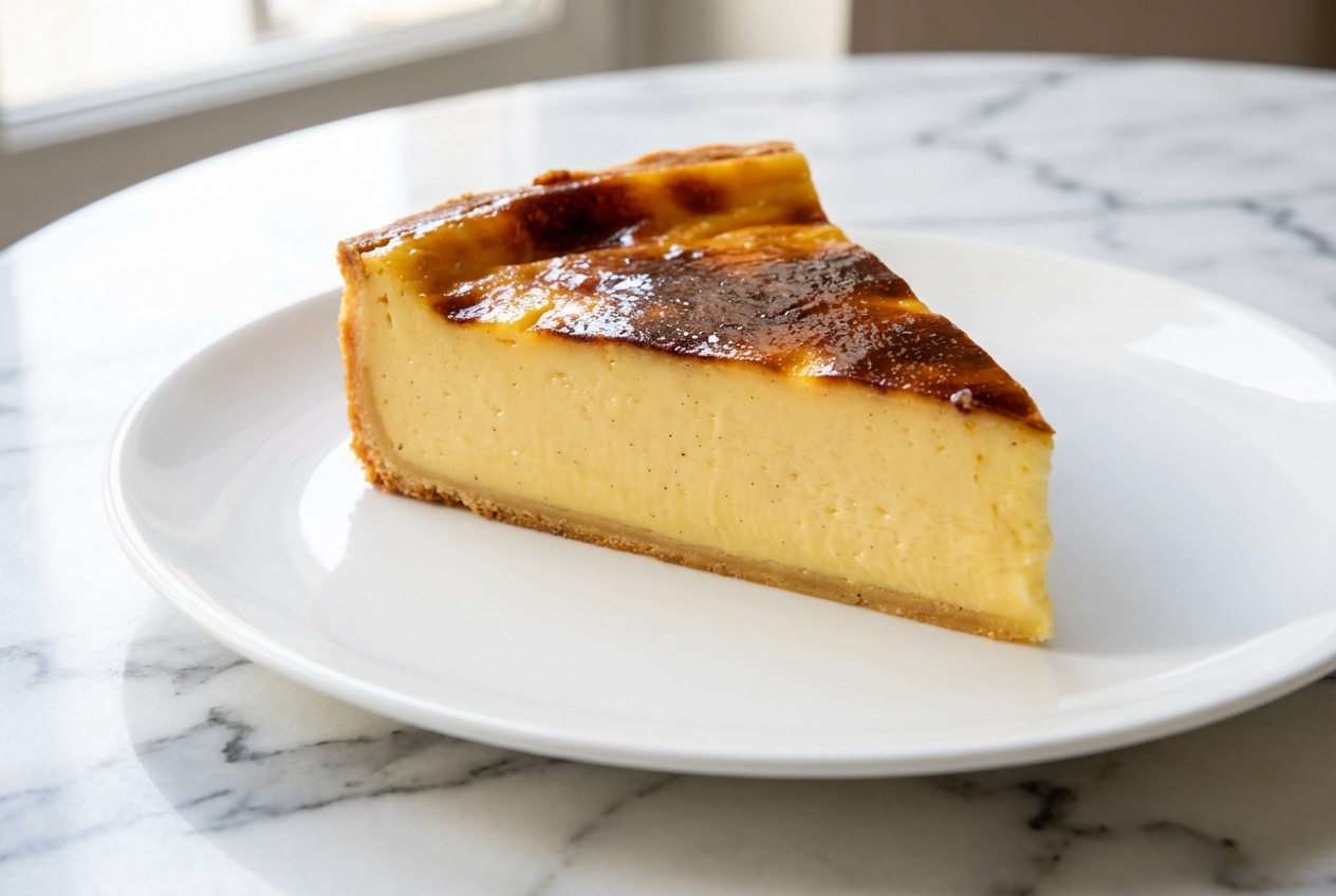 Part de recette flan patissier à la texture crémeuse Grand Cru sur marbre blanc, éclairage naturel doux.