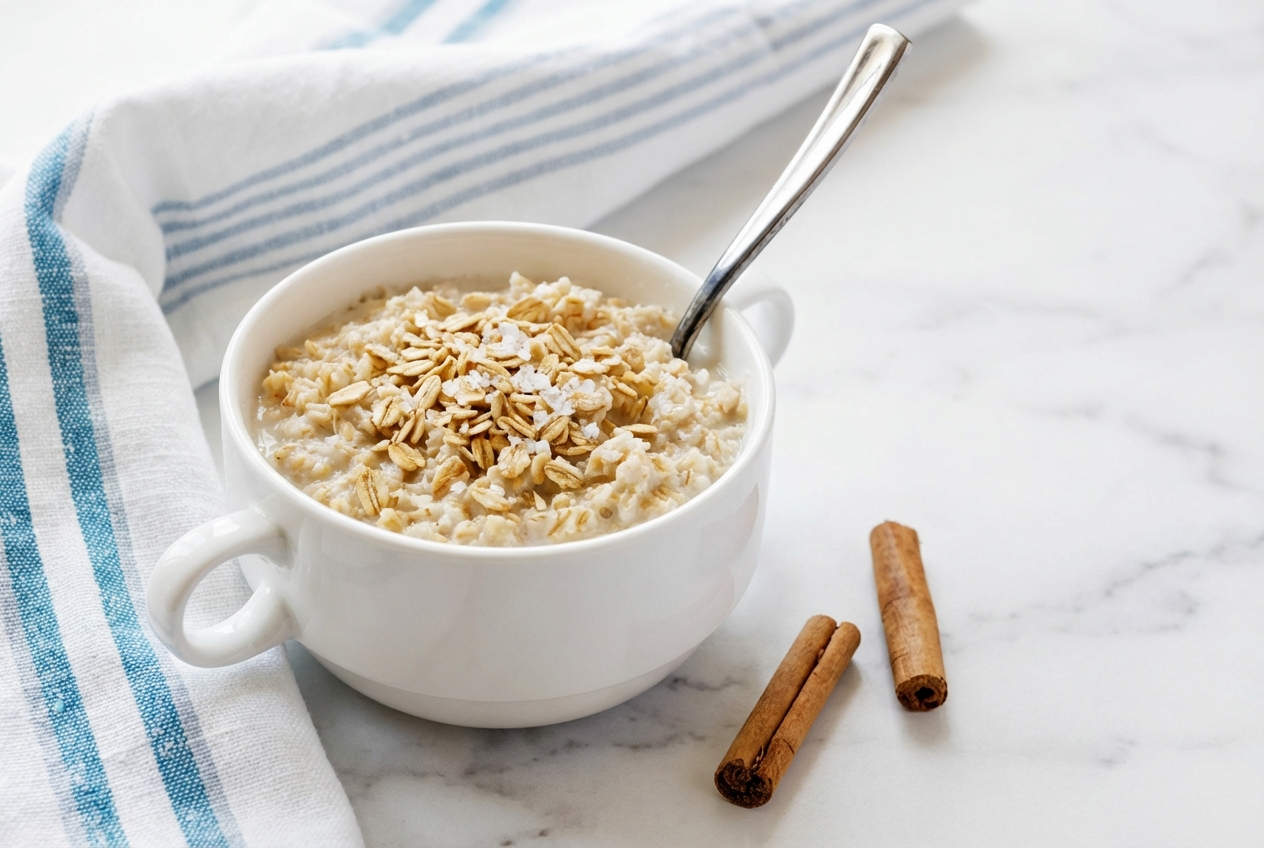 Bol en céramique minimaliste de recette flocons d avoine sur marbre blanc, grains dorés par la torréfaction et fleur de sel.