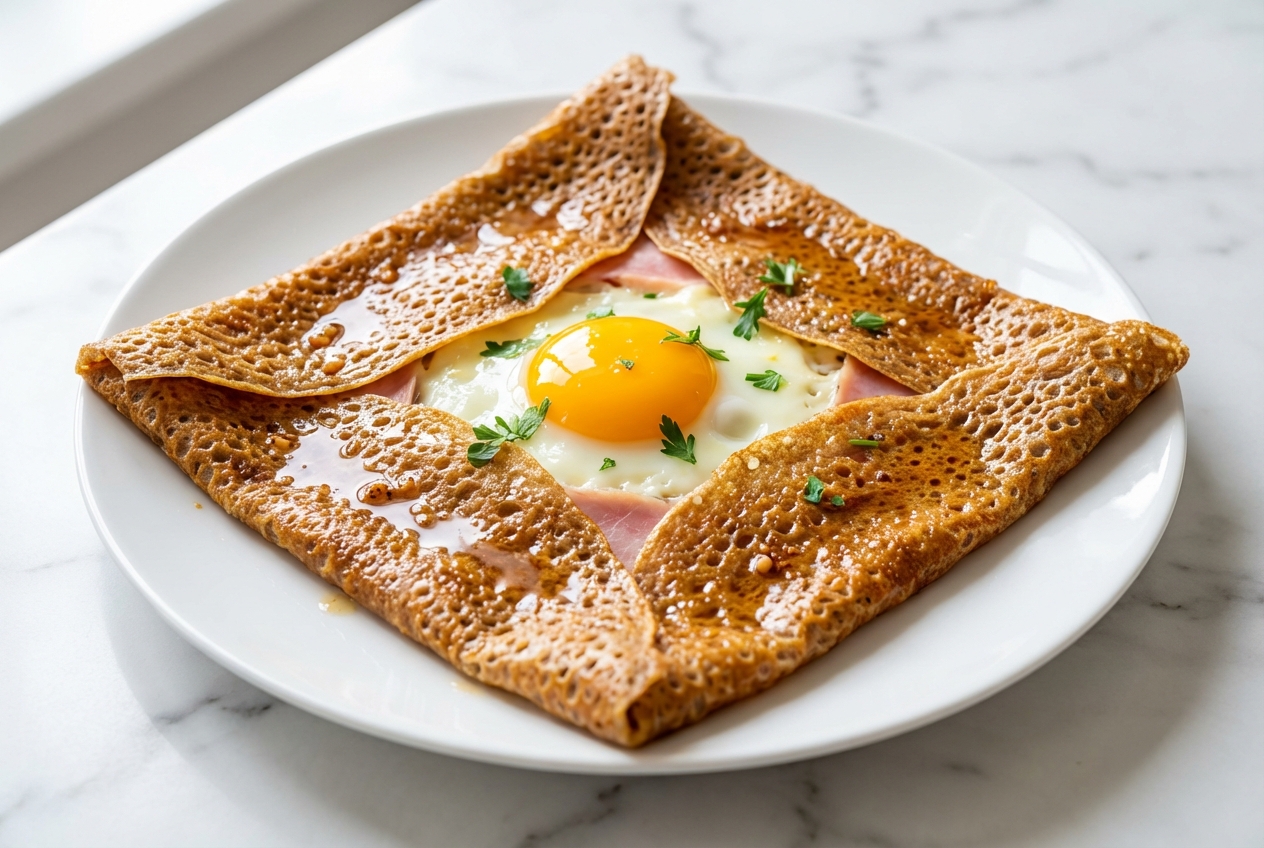 Recette galette complète au sarrasin kraz, beurre noisette brillant et œuf miroir sur marbre blanc, lumière naturelle.