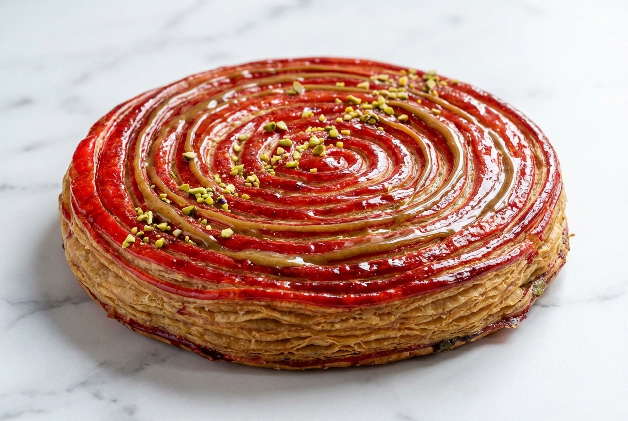 Recette galette des rois pistache à la pâte feuilletée inversée et son cœur de praliné pistache salé, lumière naturelle sur marbre blanc.
