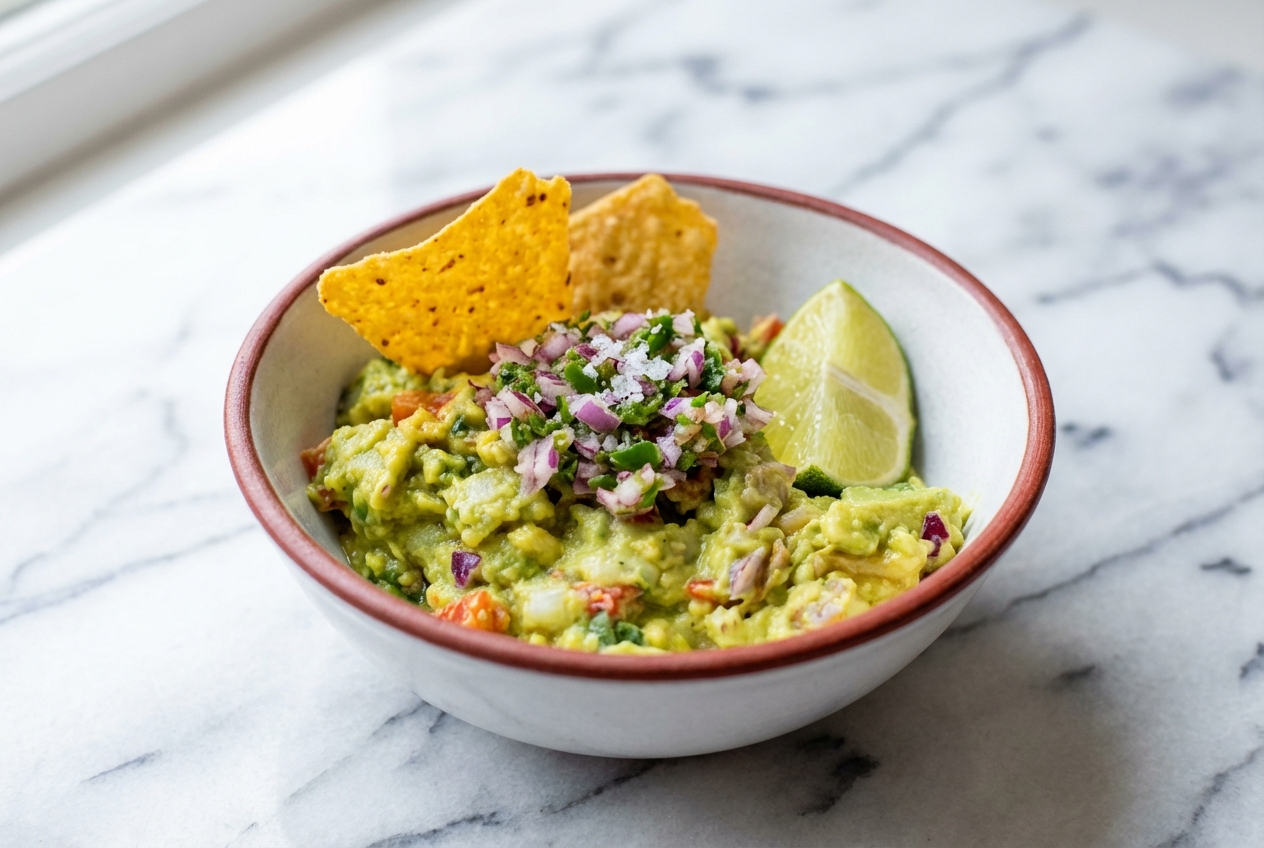 Recette guacamole crémeux en molcajete sur marbre blanc, texture riche issue du mortier aromatique, vue de face.