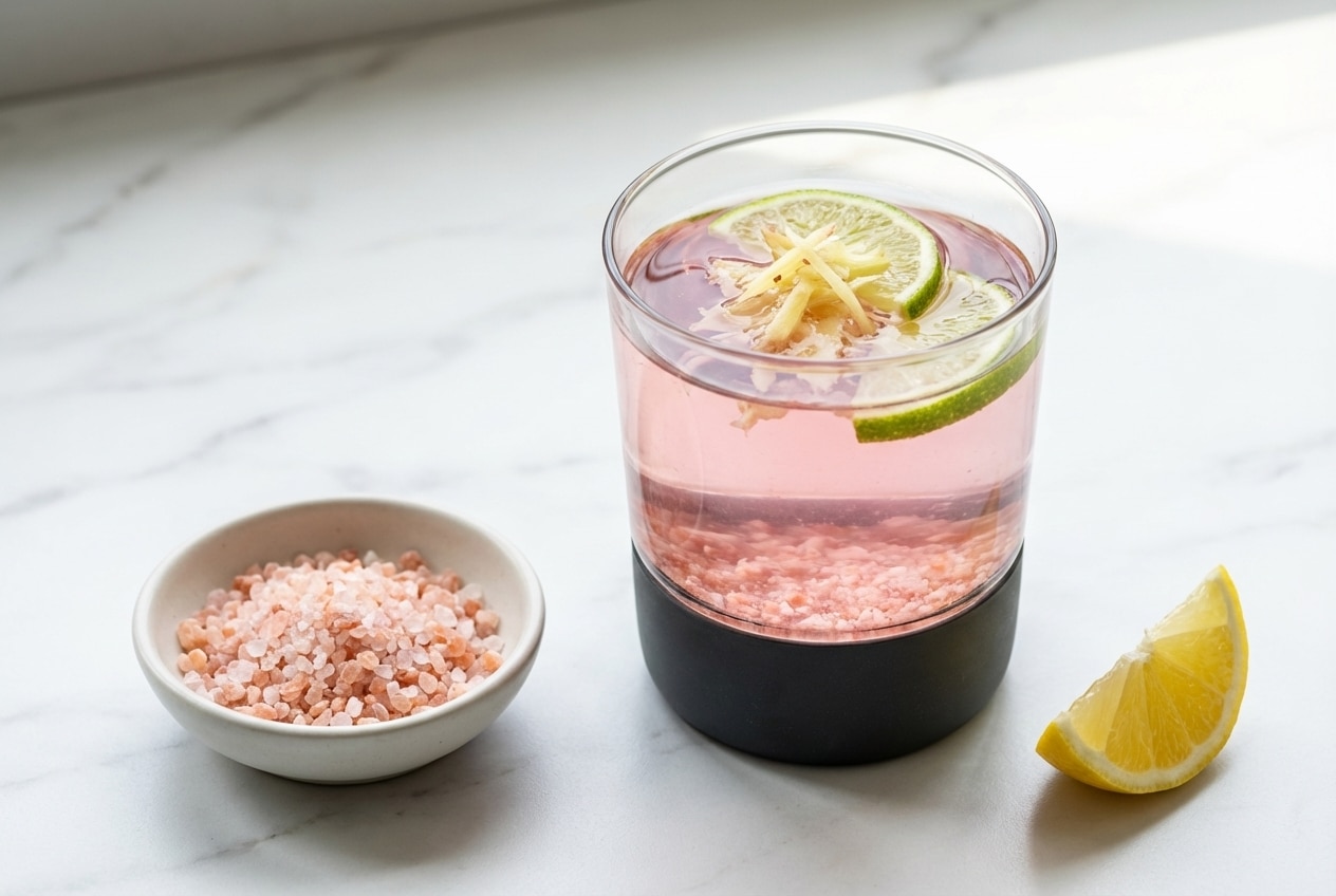 Vue de dessus en lumière naturelle d'un bol minimaliste contenant la Recette Japonaise au Sel Rose pour Maigrir, infusée au gingembre et citron vert sur marbre blanc.