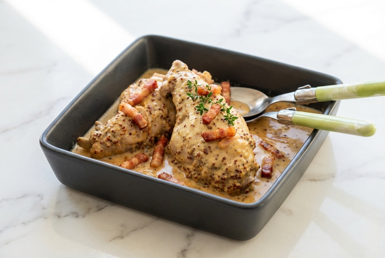 Recette lapin a la moutarde onctueuse aux lardons fumés, mijotée en cocotte sur un plan de travail en marbre blanc.