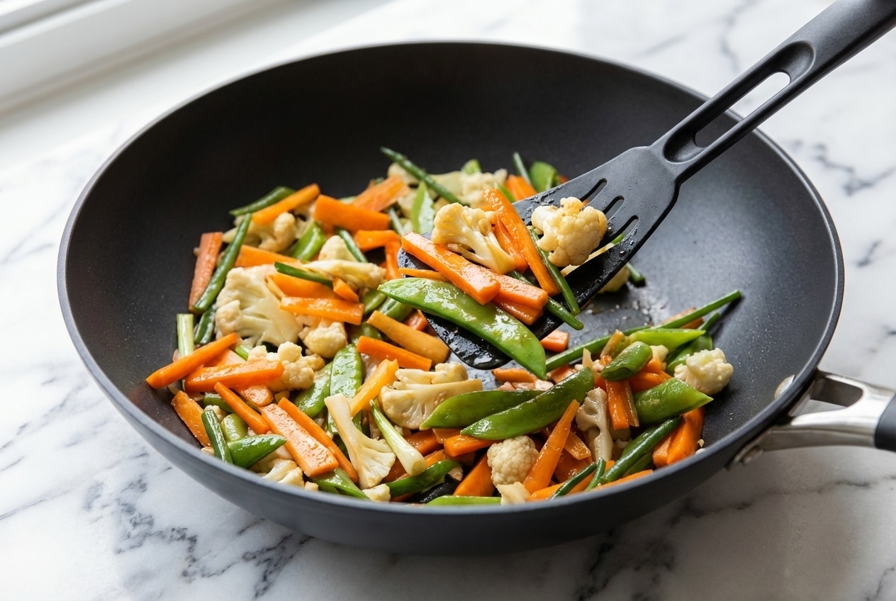 Vue de dessus d'une recette legumes sautes au wok, légumes glacés par le délaçage au vin de Shaoxing sur marbre blanc.