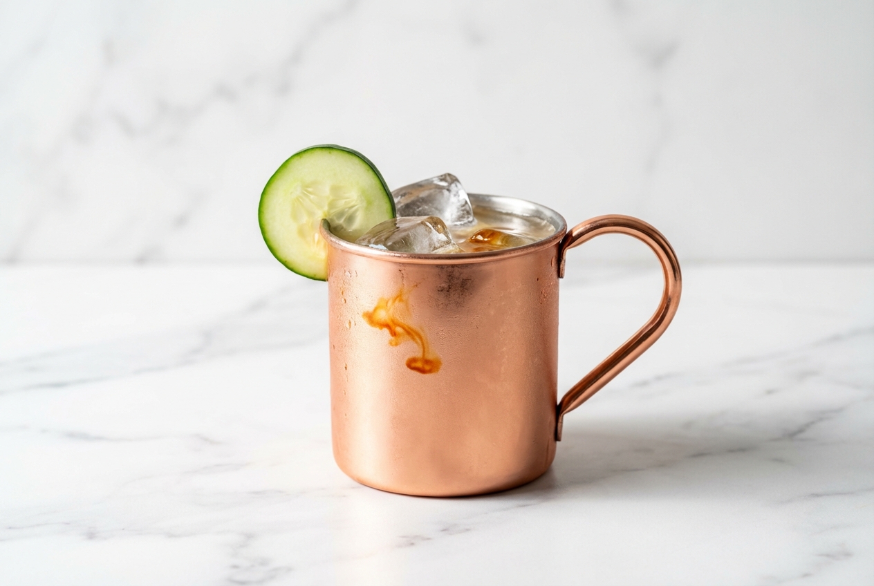 Vue rapprochée d'une recette London mule en mug de cuivre avec concombre et Angostura Bitters sur marbre blanc immaculé.