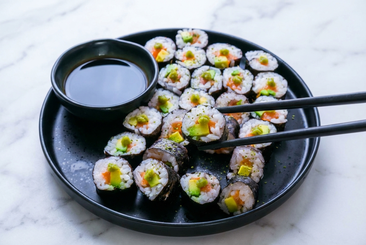 Vue de dessus d'une recette Maki Sushi sur marbre blanc, riz Japonica brillant infusé au Yuzu Kosho et Kombu.