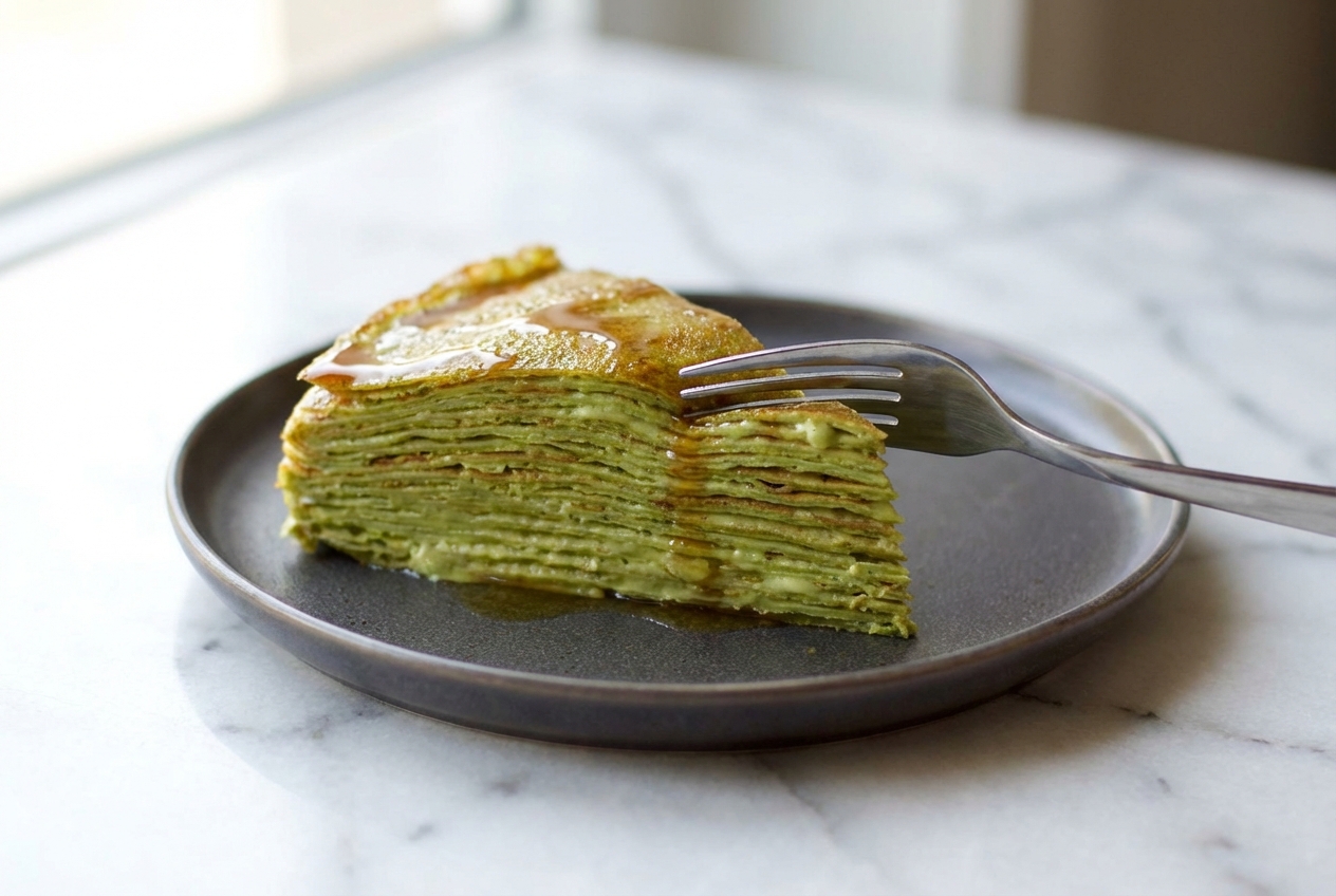 Recette mille crêpes au matcha au beurre noisette, couches fines sur marbre blanc, lumière naturelle douce.