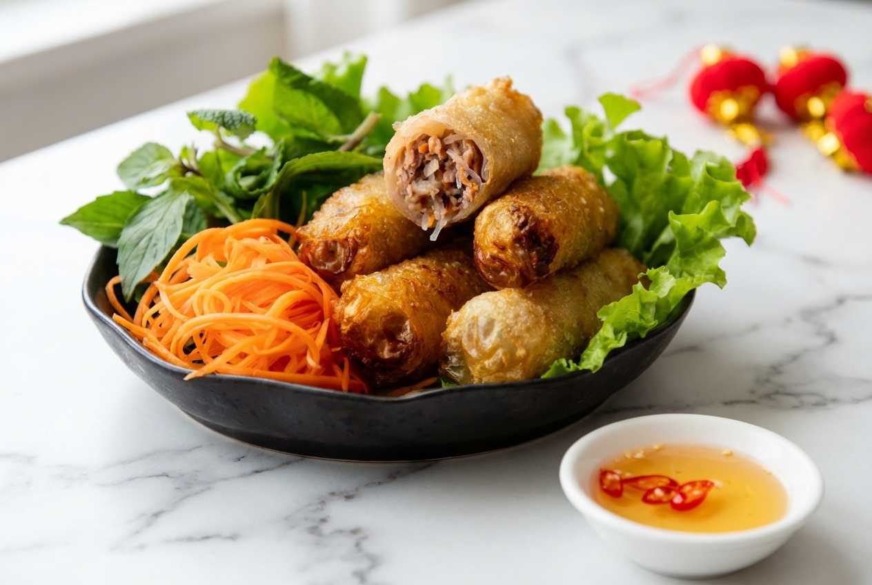 Recette nems au porc dorés et croustillants, farce au taro râpé, sur plat en céramique blanc et marbre contemporain.