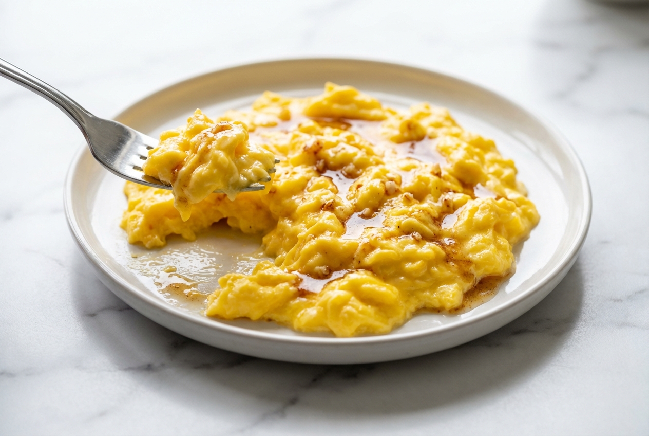 Recette oeufs brouillés onctueux au beurre noisette, servis dans un bol en céramique minimaliste sur marbre blanc.