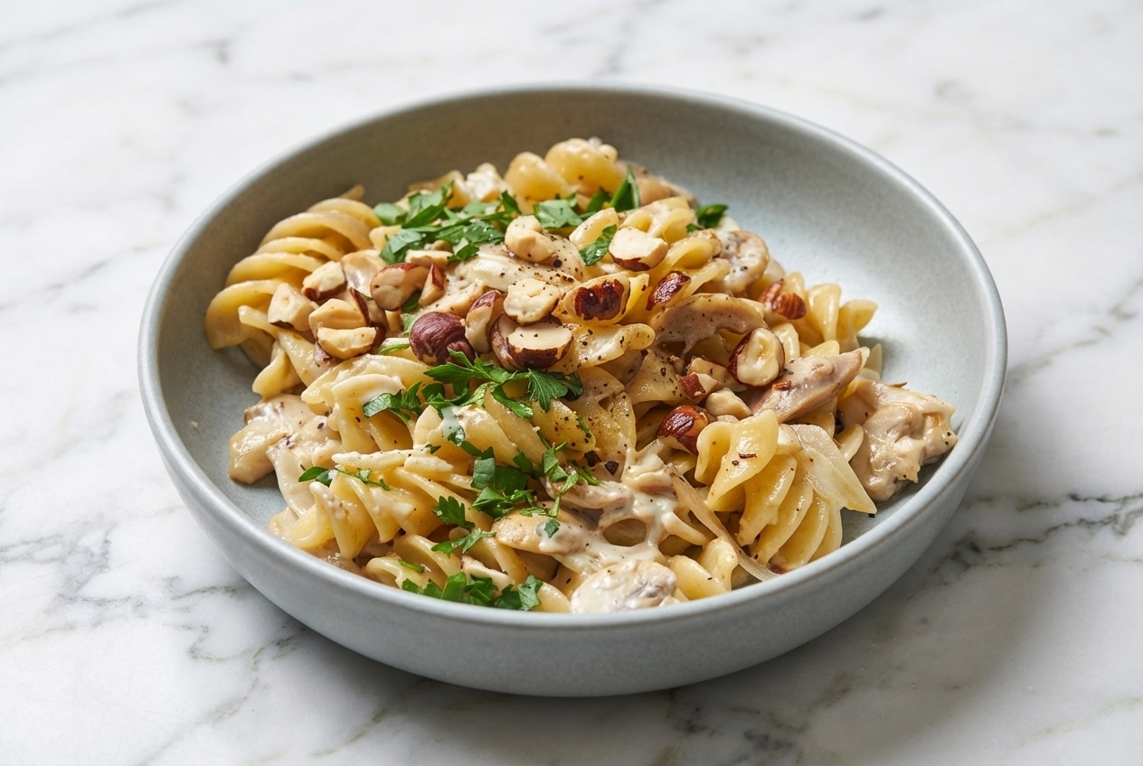 Recette pates aux champignons sur marbre blanc, sauce onctueuse au beurre noisette et déglaçage au balsamique blanc.