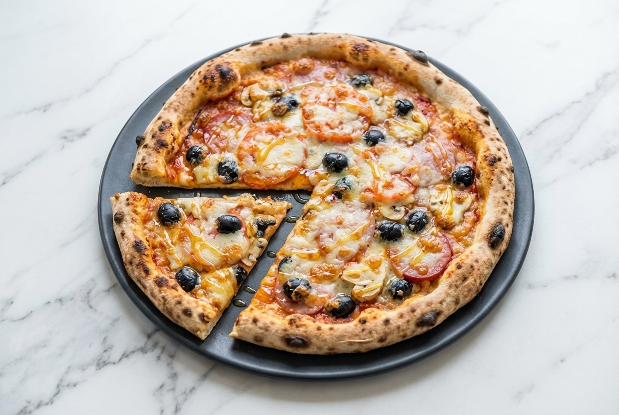 Pizza Regina sur marbre blanc, croûte alvéolée par fermentation lente, garnie de jambon et miel pimenté sous lumière douce.