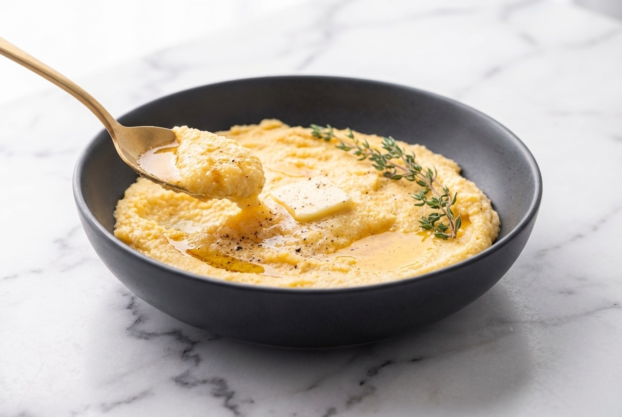 Vue de dessus d'une recette polenta crémeuse au beurre noisette, servie dans un bol en céramique minimaliste sur marbre blanc.