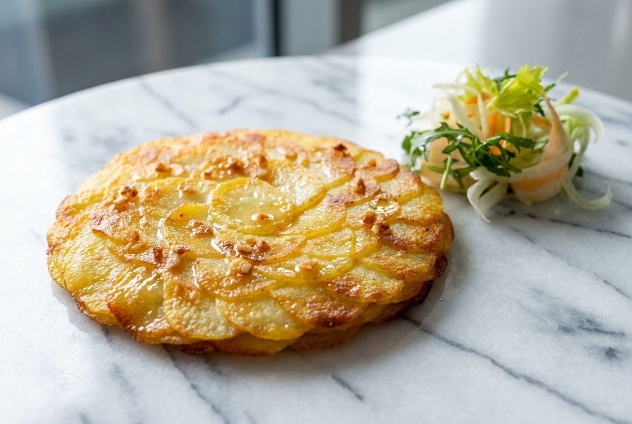 Rosace de la recette pommes anna aux tranches dorées et croustillantes au beurre noisette clarifié sur marbre blanc.
