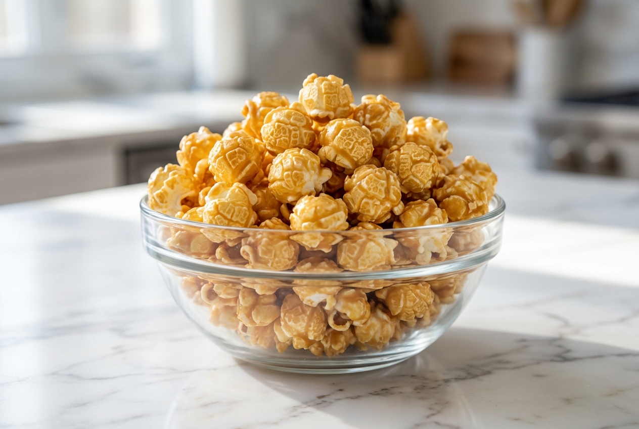 Recette pop corn caramel doré, texture aérée au bicarbonate de soude, vue plongeante sur marbre blanc en lumière naturelle.