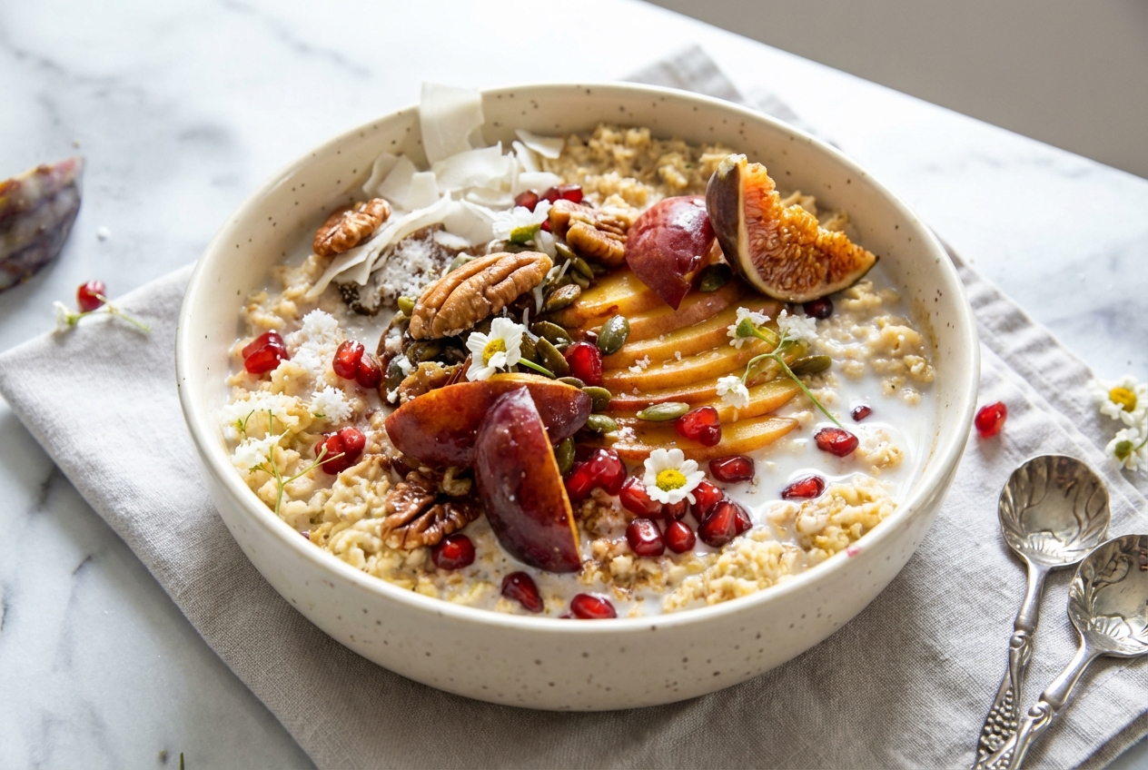 Recette porridge avoine vegan crémeux en vue de dessus dans un bol en céramique minimaliste sur marbre blanc avec émulsion amande et fleur de sel.