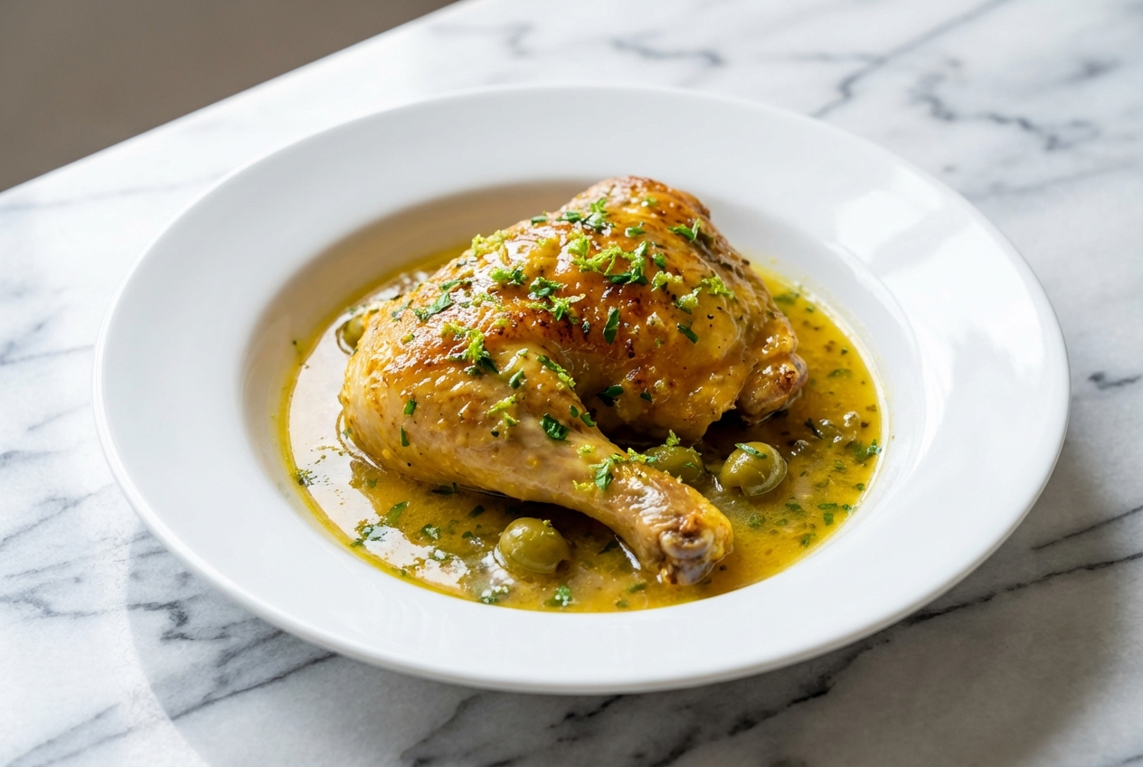 Recette poulet au citron doré, glaçage onctueux au beurre citronné et zestes de citron vert sur marbre blanc.