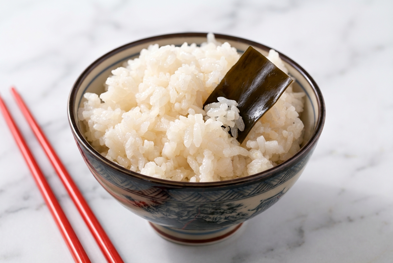 Recette de riz vinaigré nacré infusé au Kombu, servi dans un bol minimaliste sur marbre blanc, lumière naturelle.