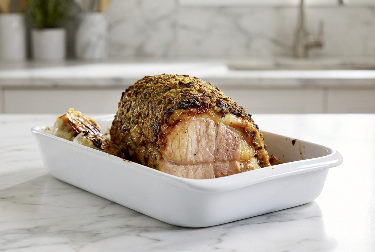 Recette rôti de porc au four doré sur marbre blanc, illustrant la technique du saisissage initial et repos sous aluminium.