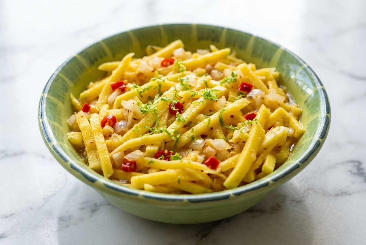 Recette rougail mangue aux zestes de combava dans un bol en céramique minimaliste sur une surface de marbre blanc.