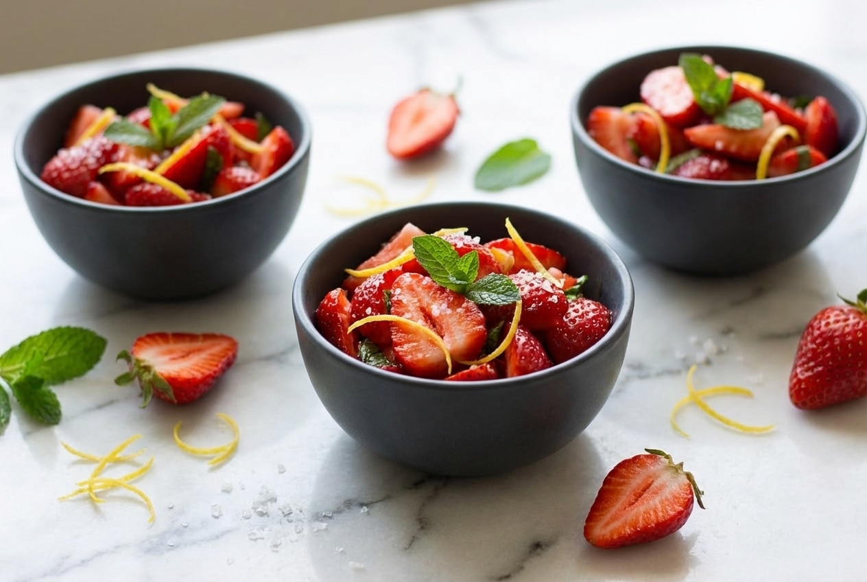 Vue zénithale d'une recette salade de fraises a la menthe et au citron infusée aux zestes et fleur de sel sur marbre blanc.