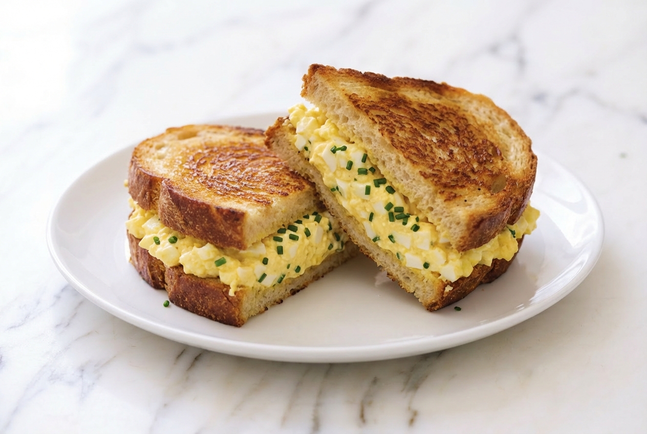 Recette sandwich aux oeufs onctueux, pain Shokupan doré au beurre noisette sur une surface en marbre blanc, lumière naturelle.