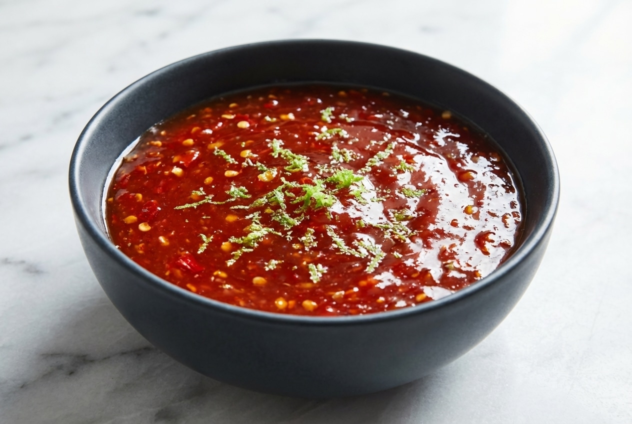 Recette sauce chili rouge vibrante en bol céramique sur marbre blanc, sublimée par un zeste de citron vert frais.