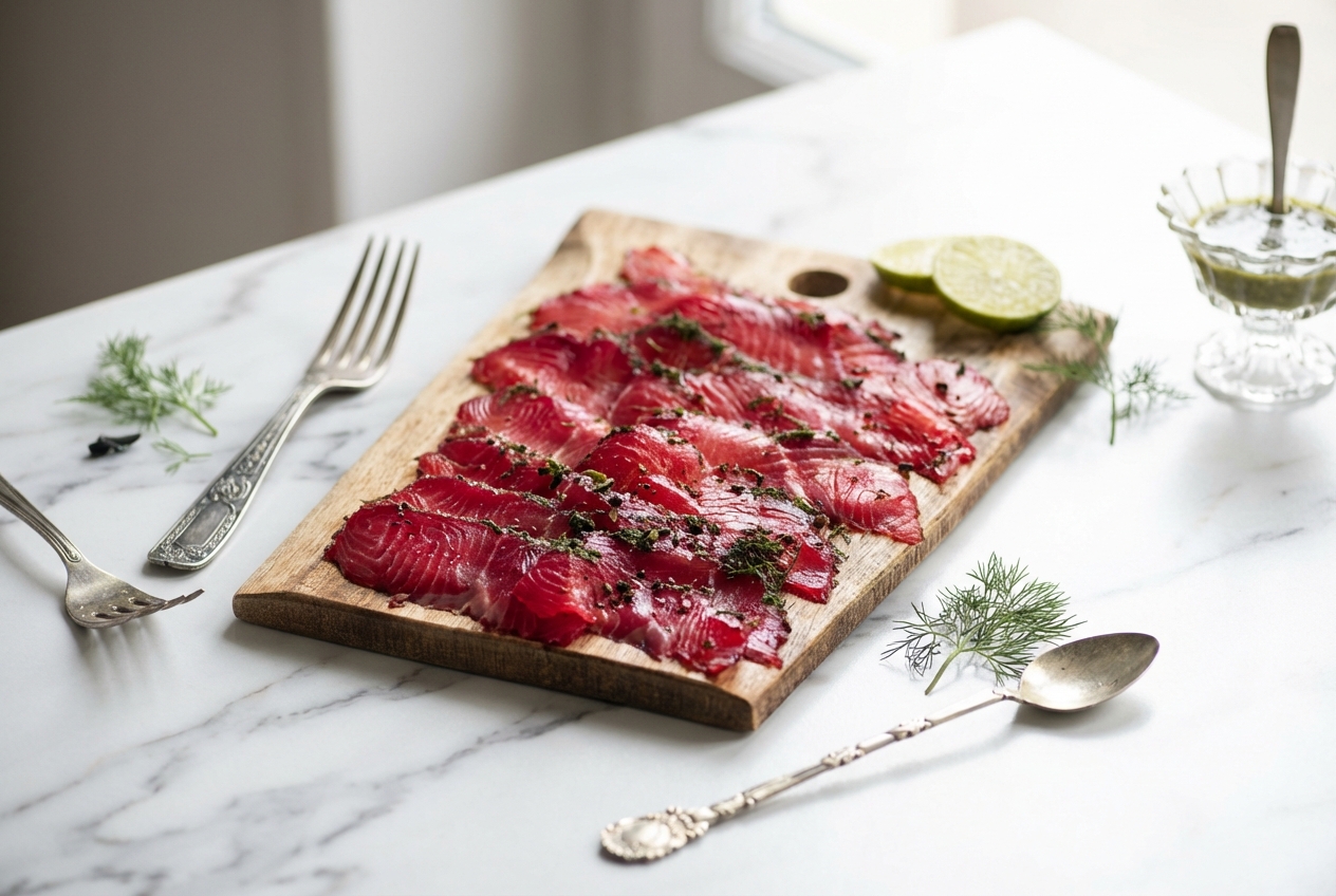 Recette saumon gravlax rubis au gin et poivre de Timut, tranches soyeuses sur marbre blanc et lumière naturelle.