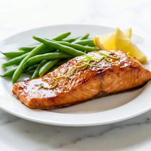 Pavé de saumon laqué brillant sur marbre blanc, nappé d'une réduction au citron vert et sésame, vue rapprochée.