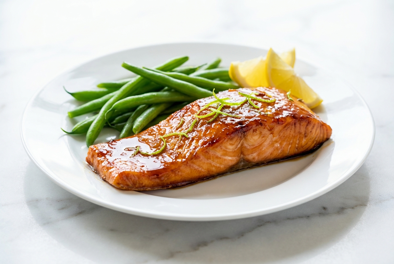 Pavé de saumon laqué brillant sur marbre blanc, nappé d'une réduction au citron vert et sésame, vue rapprochée.