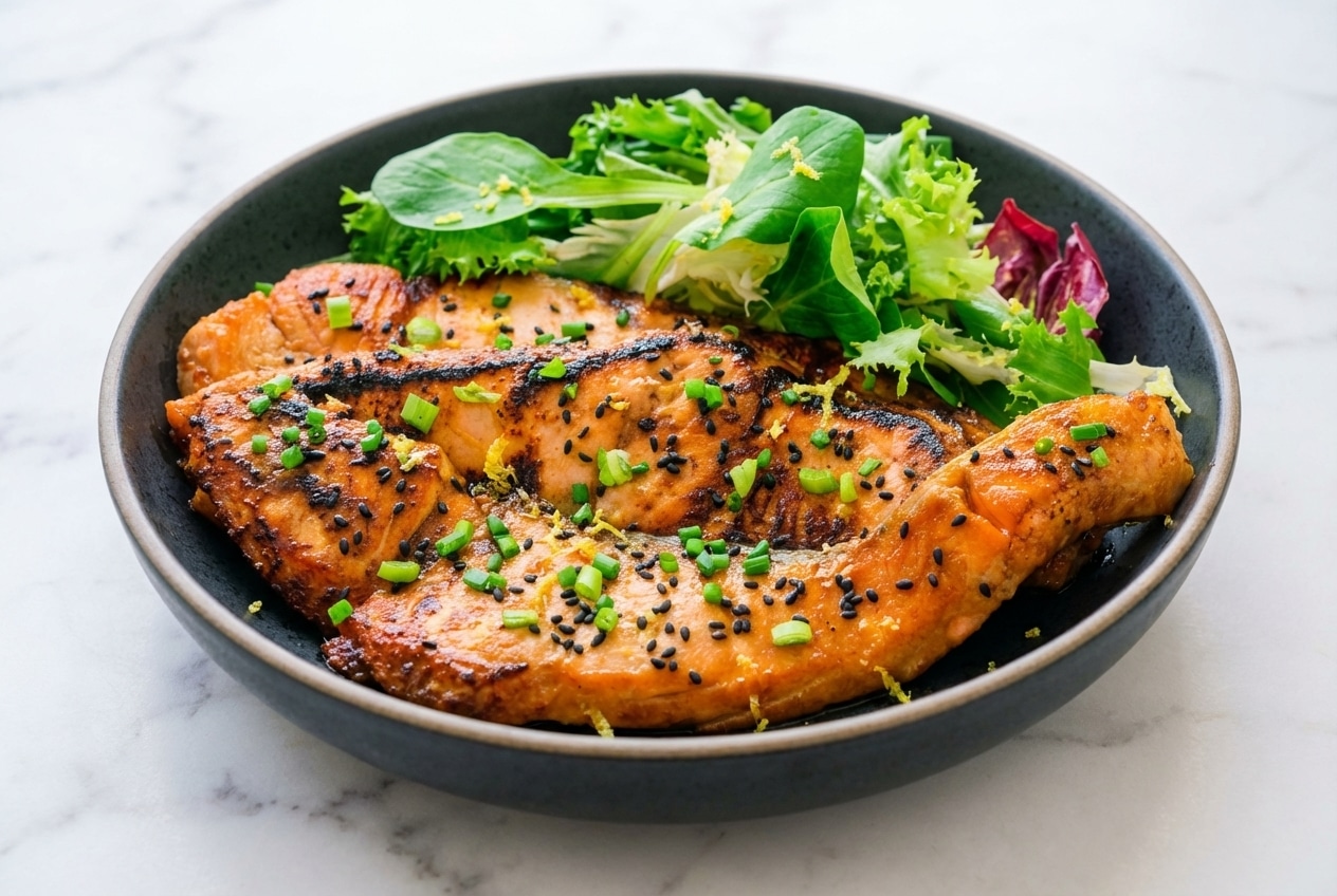 Recette saumon mariné au miso avec zeste de yuzu et finition aburi au chalumeau sur assiette en céramique minimaliste.