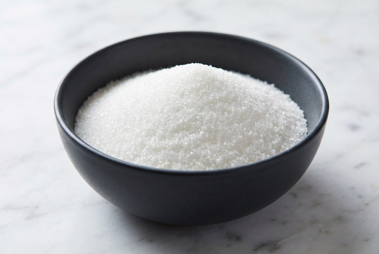 recette sirop de sucre limpide préparé avec de l'acide citrique, servi dans une carafe sur un plan de travail en marbre blanc.