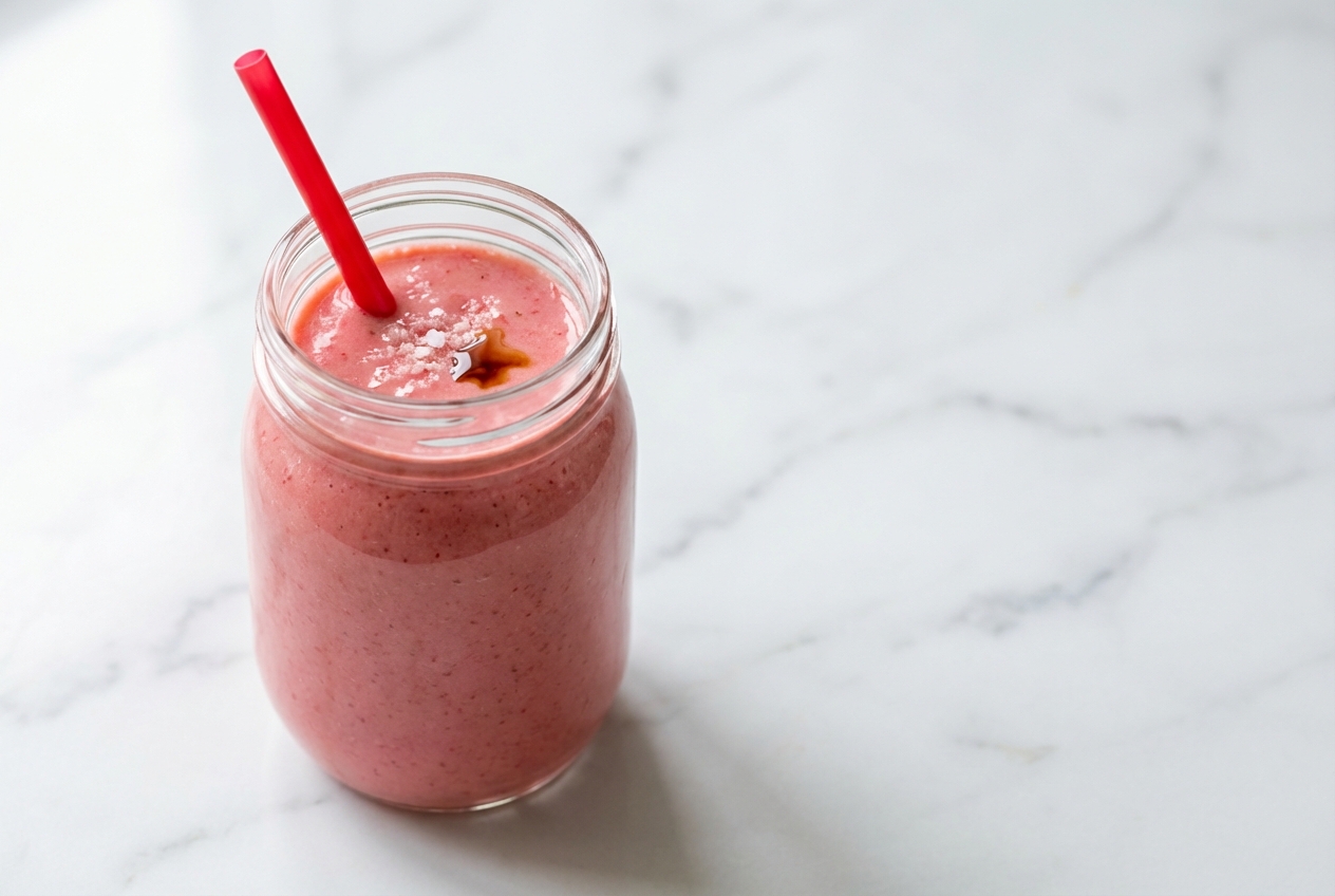 Recette smoothie banane fraise onctueuse, pointe de fleur de sel et vanille dans un verre sur marbre blanc et lumière naturelle.