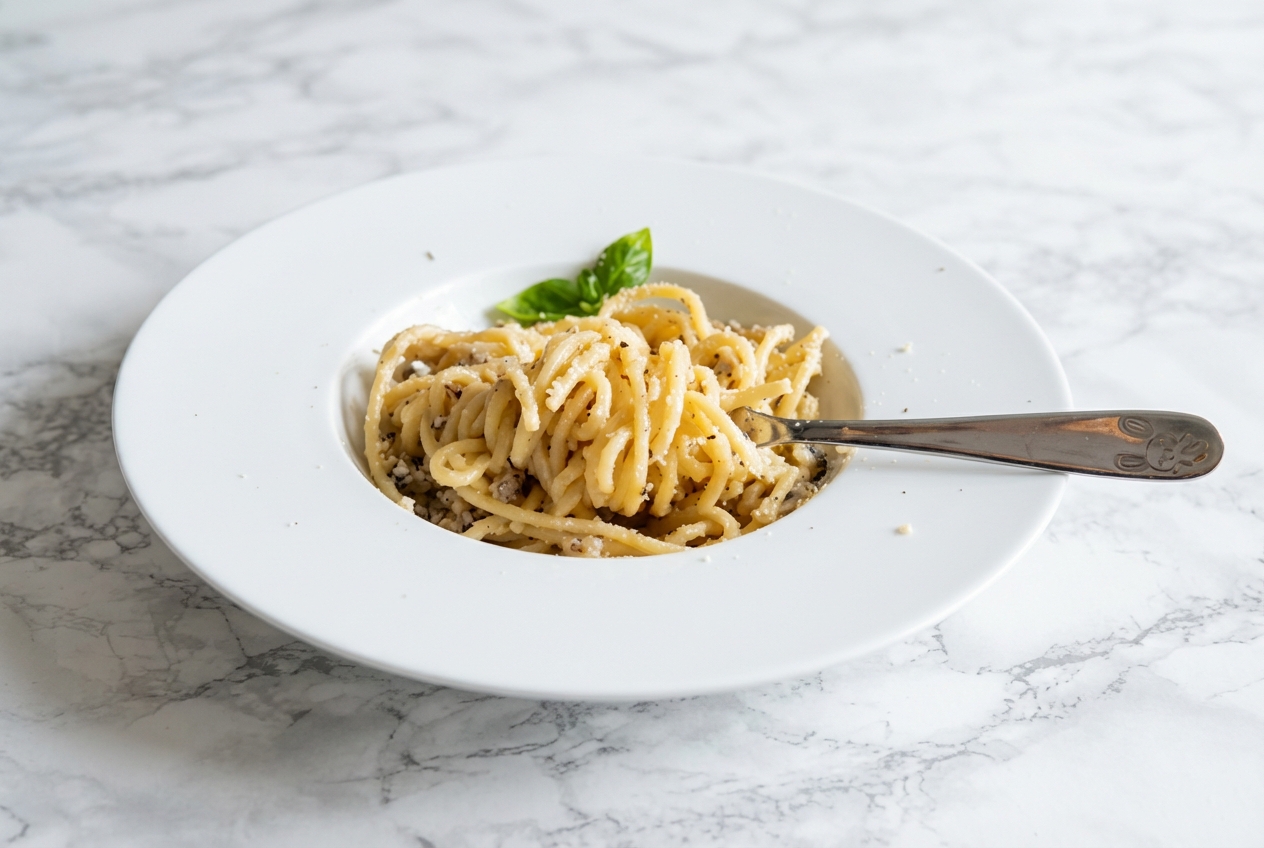 Spaghetti al dente enrobés d'une crème onctueuse au poivre noir Tellicherry, servis sur un marbre blanc avec infusion de croûtes de Pecorino.