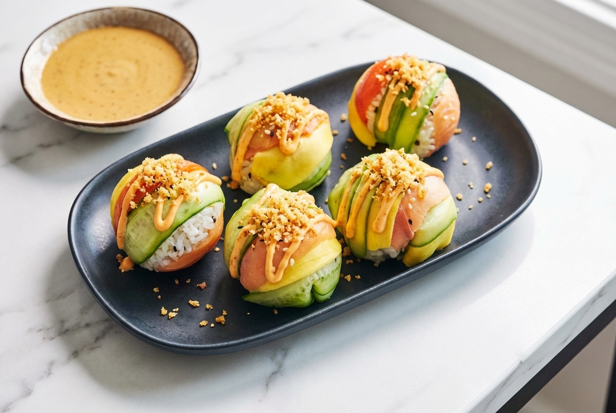 Boulettes de riz Calrose sur marbre blanc, garnies d'un cœur croustillant au panko et mayo épicée, recette sushi ball.