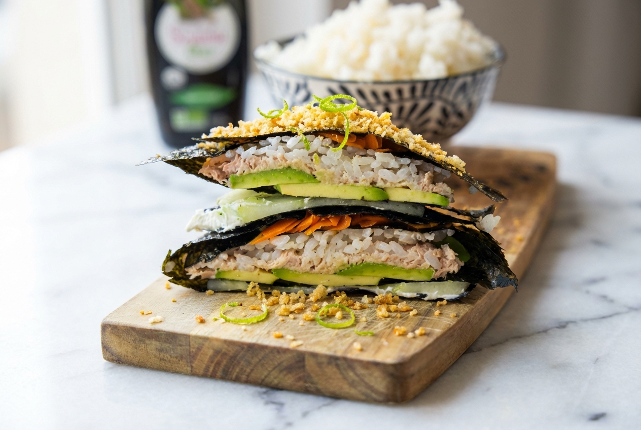 Sushi wrap au saumon et avocat, garni de panko toasté au beurre et zestes de citron vert, vue de face sur marbre blanc.