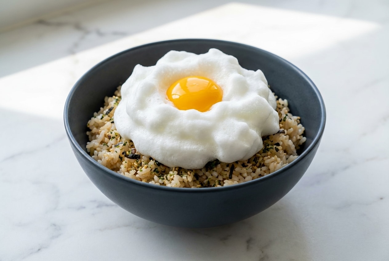 Recette tamago kake gohan méthode nuage de blanc d'œuf mousseux dans un bol en céramique sur marbre blanc.
