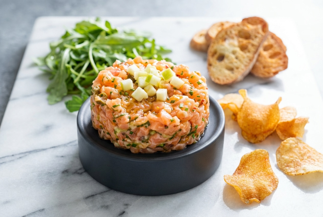 Recette tartare de saumon avocat dressée à l'emporte-pièce sur marbre blanc, avec dés de pomme Granny Smith et émulsion sésame.