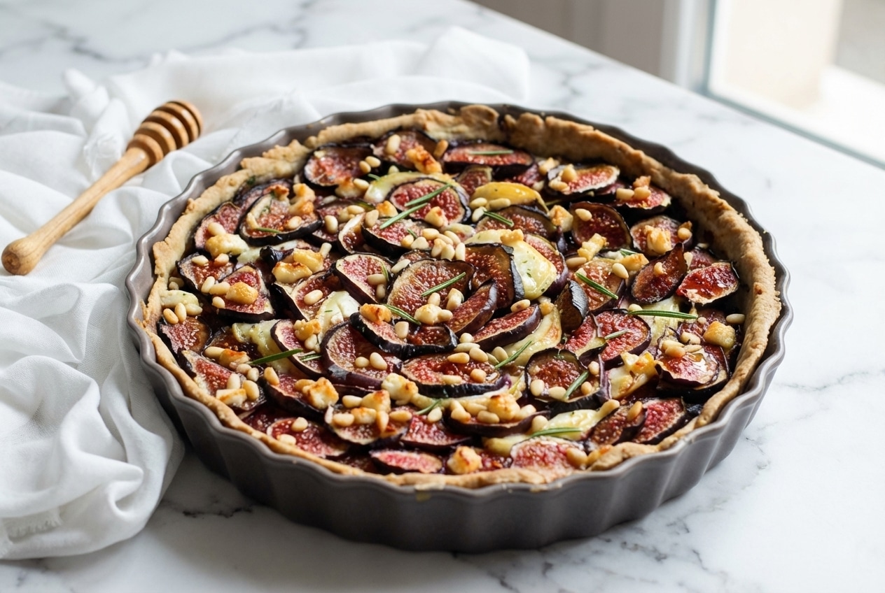 Recette tarte figue chevre miel sur marbre blanc avec confit d'oignon au vinaigre balsamique et romarin frais.