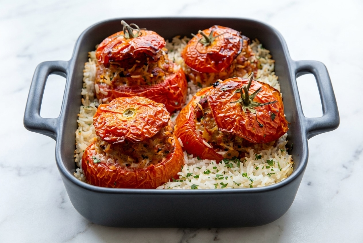 Vue de dessus de tomates farcies au four sur marbre blanc, révélant une farce juteuse à la soubise de tomates confites.