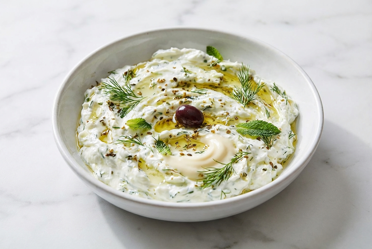 Bol en céramique sur marbre blanc contenant une recette tzatziki onctueuse nappée d'une émulsion d'ail soyeuse.