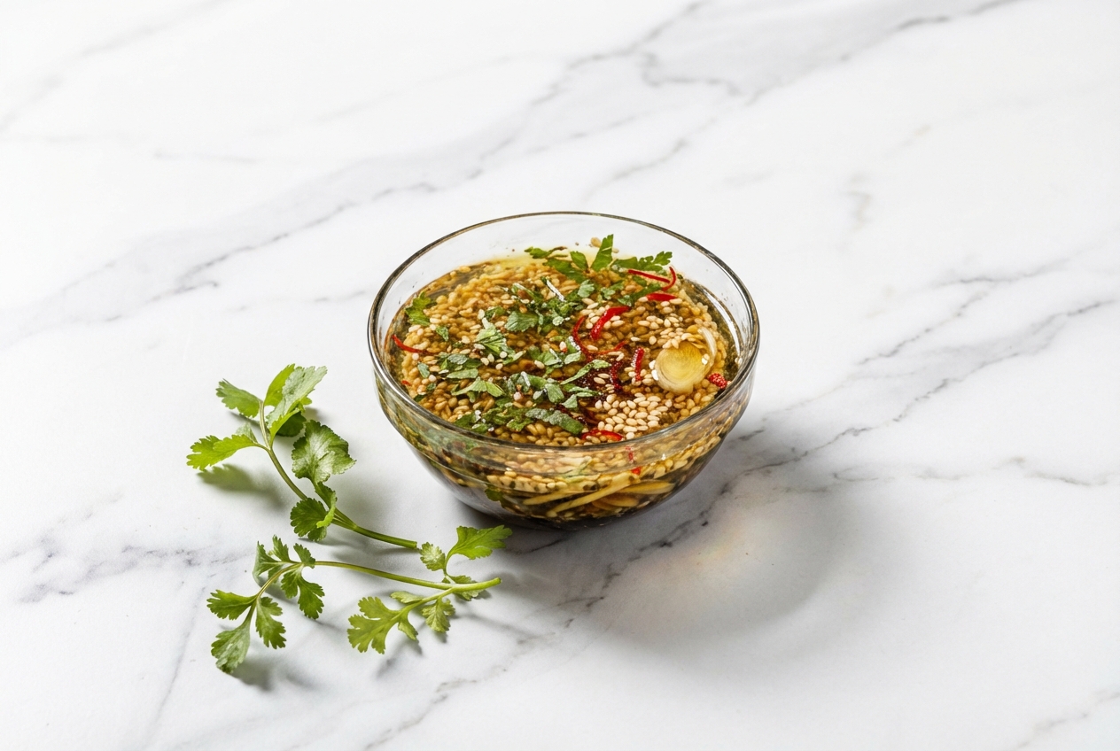 Recette vinaigrette thai émulsionnée, infusée à froid avec aromates, dans un bol en céramique minimaliste sur marbre blanc.