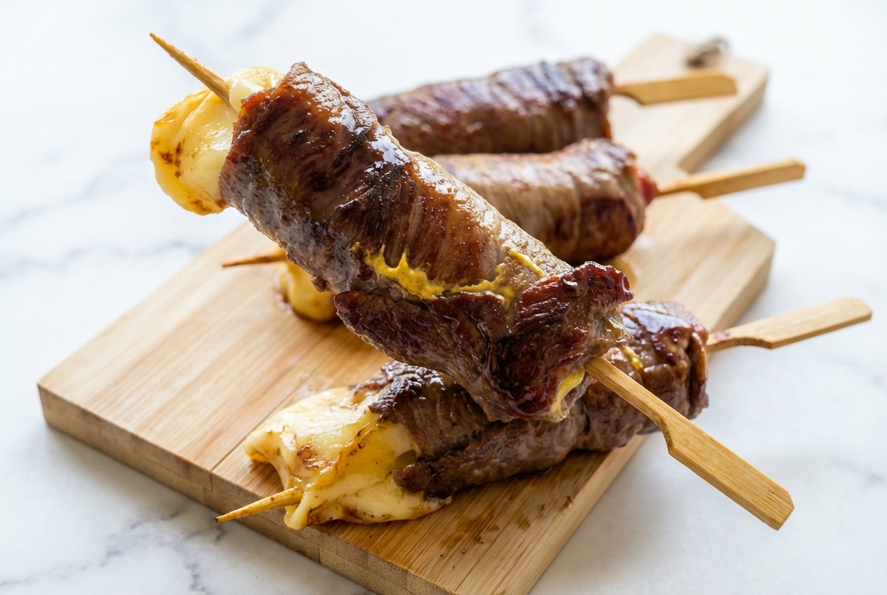 Vue de profil de la recette yakitori boeuf fromage laquée avec pointe de moutarde Karashi sur marbre blanc.