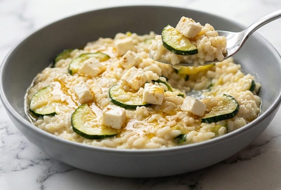 Risotto aux courgettes crémeux sur marbre blanc, agrémenté de feta marinée et d'un filet de beurre noisette, vue de dessus.