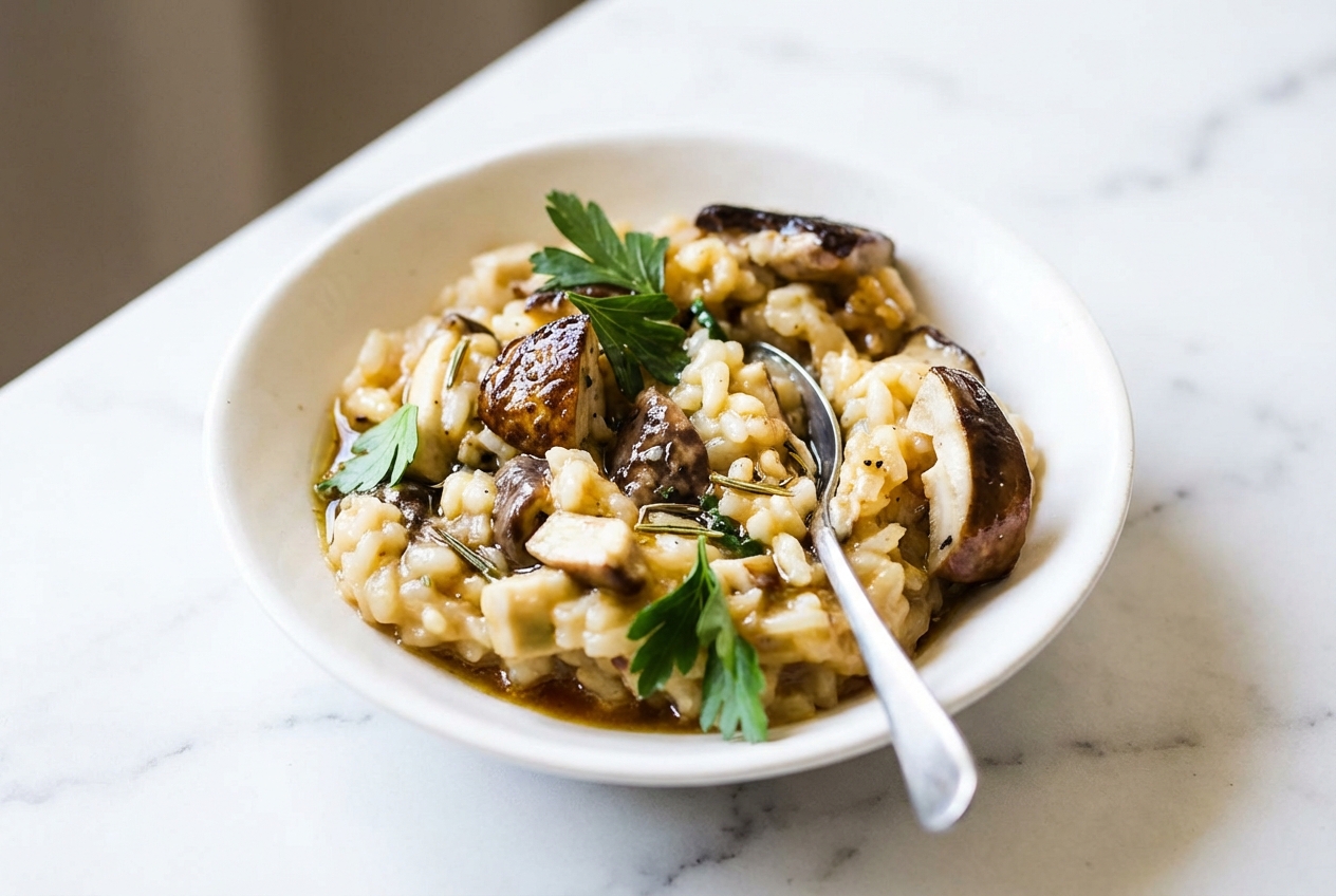 Risotto aux cèpes crémeux au beurre noisette et romarin dans un bol en céramique sur marbre blanc.